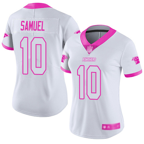 Carolina Panthers Limited White Pink Women Curtis Samuel Jersey NFL Football #10 Rush Fashion->women nfl jersey->Women Jersey